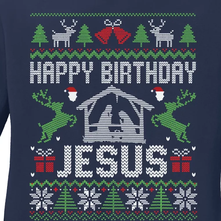 Christmas Outfit Happy Birthday Jesus Holiday Ugly Sweater Ladies Long Sleeve Shirt