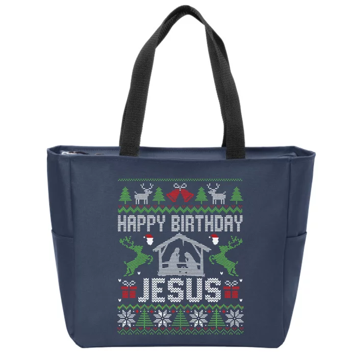 Christmas Outfit Happy Birthday Jesus Holiday Ugly Sweater Zip Tote Bag