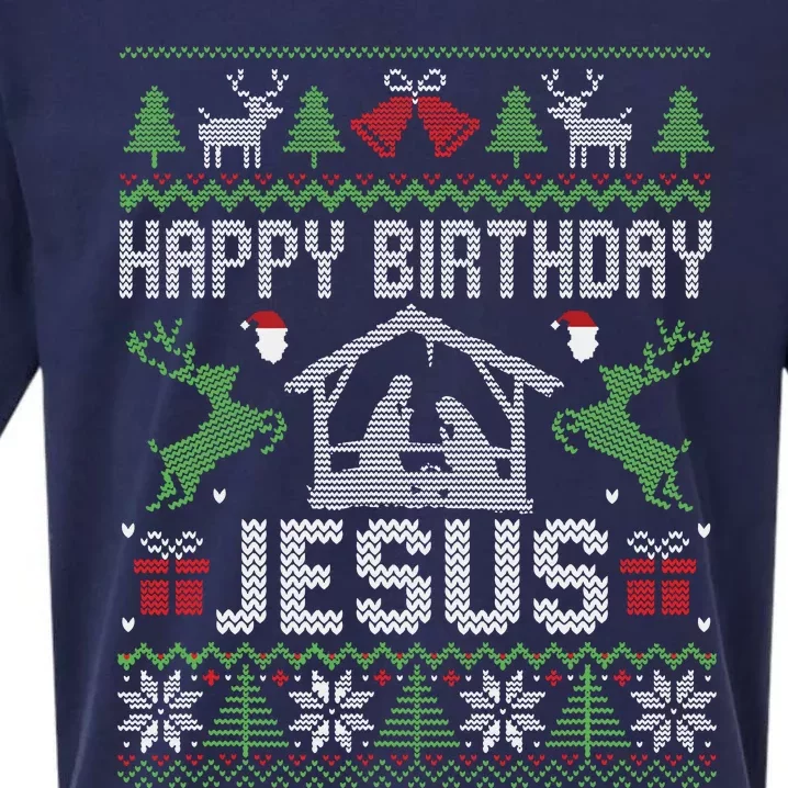 Christmas Outfit Happy Birthday Jesus Holiday Ugly Sweater Sueded Cloud Jersey T-Shirt