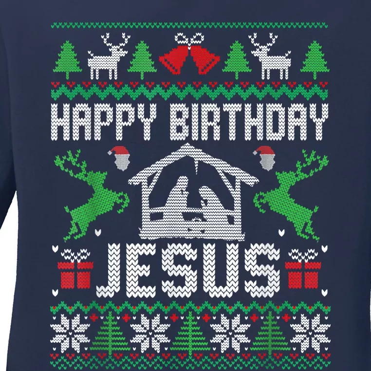 Christmas Outfit Happy Birthday Jesus Holiday Ugly Sweater Ladies Long Sleeve Shirt