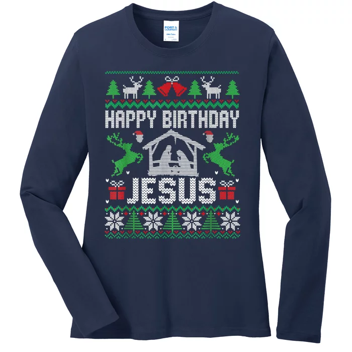 Christmas Outfit Happy Birthday Jesus Holiday Ugly Sweater Ladies Long Sleeve Shirt