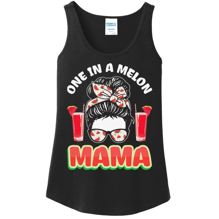 Cute One In A Melon Mama Messy Bun Watermelon Party Vibes Ladies Essential Tank