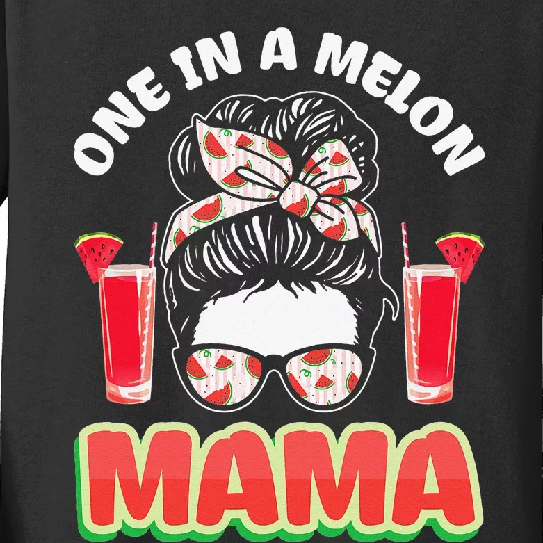 Cute One In A Melon Mama Messy Bun Watermelon Party Vibes Kids Long Sleeve Shirt