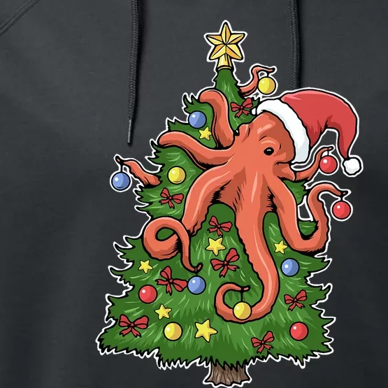 Christmas Octopus Kraken Squid Merry Christmas Tree Performance Fleece Hoodie