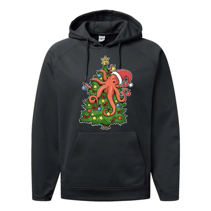 Christmas Octopus Kraken Squid Merry Christmas Tree Performance Fleece Hoodie