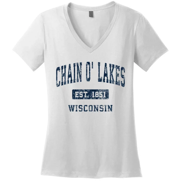 Chain O Lakes Wisconsin WI Vintage Athletic Sports Design Women's V-Neck T-Shirt