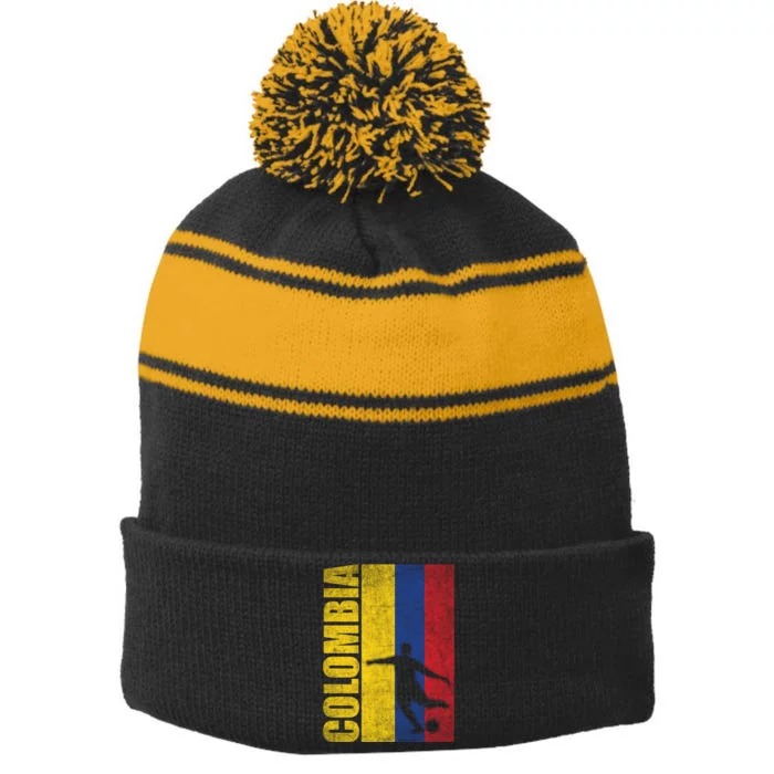 Colombia Flag Soccer World Cup Stripe Pom Pom Beanie