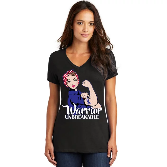 Colon Cancer Unbreakable Warrior Women's V-Neck T-Shirt