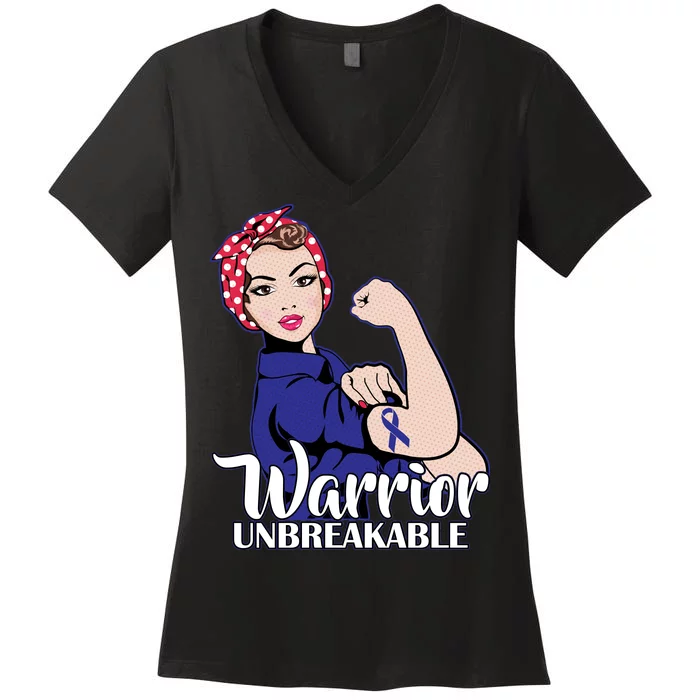 Colon Cancer Unbreakable Warrior Women's V-Neck T-Shirt