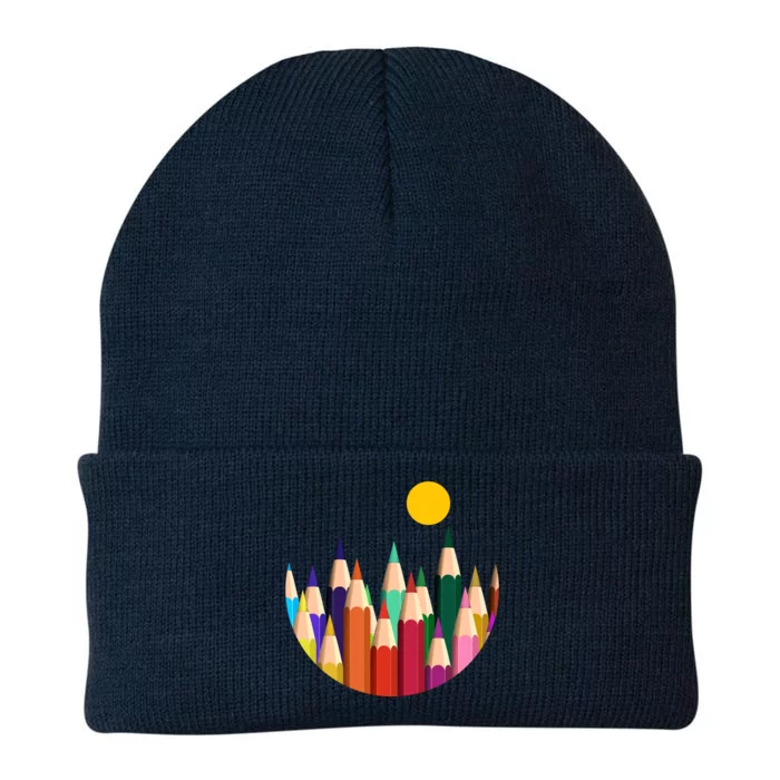 Color Pencils Forest Mountains Knit Cap Winter Beanie