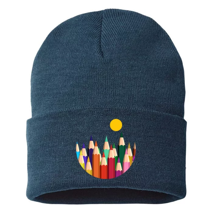 Color Pencils Forest Mountains Sustainable Knit Beanie