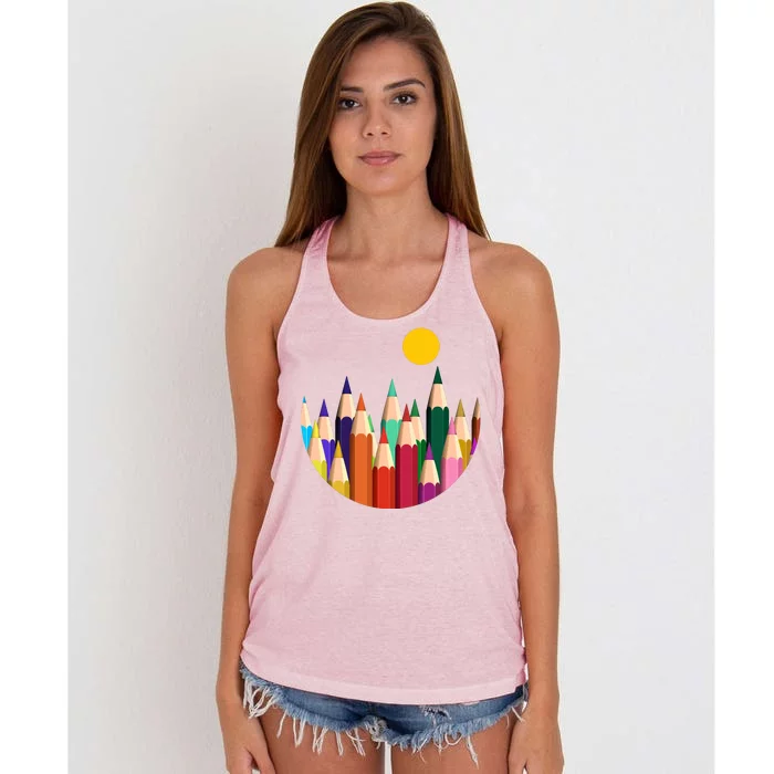 Color Pencils Forest Mountains Women's Knotted Racerback Tank