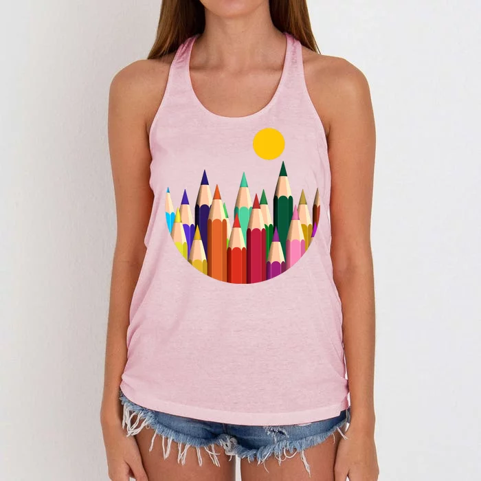 Color Pencils Forest Mountains Women's Knotted Racerback Tank