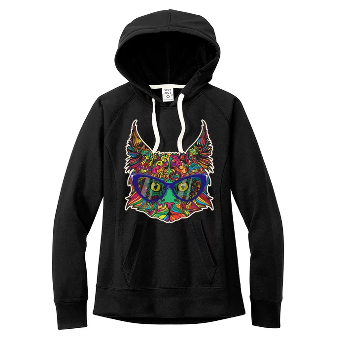 Colorfful Cat With Glasses Portrait Women's Fleece Hoodie