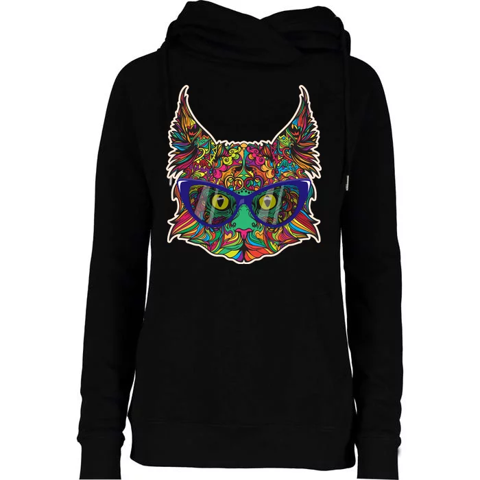 Colorfful Cat With Glasses Portrait Womens Funnel Neck Pullover Hood