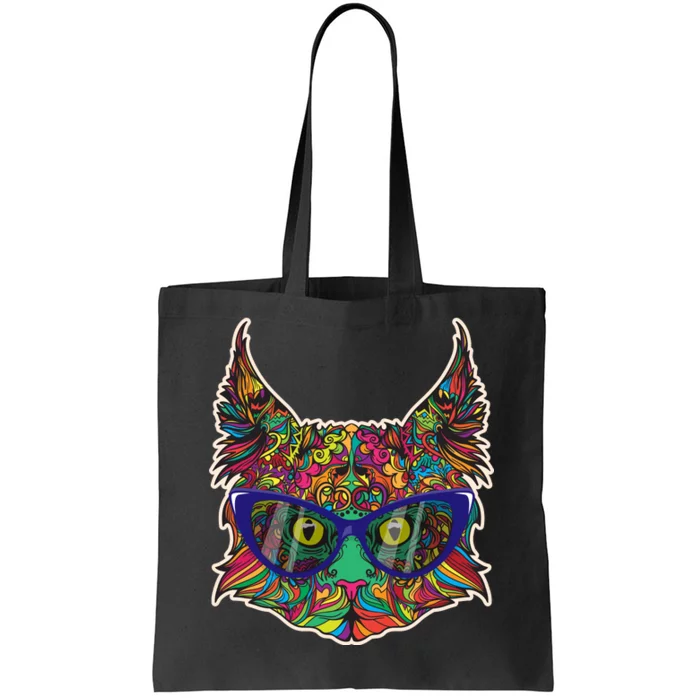 Colorfful Cat With Glasses Portrait Tote Bag