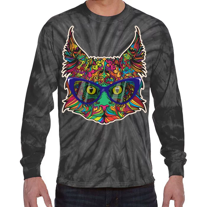 Colorfful Cat With Glasses Portrait Tie-Dye Long Sleeve Shirt