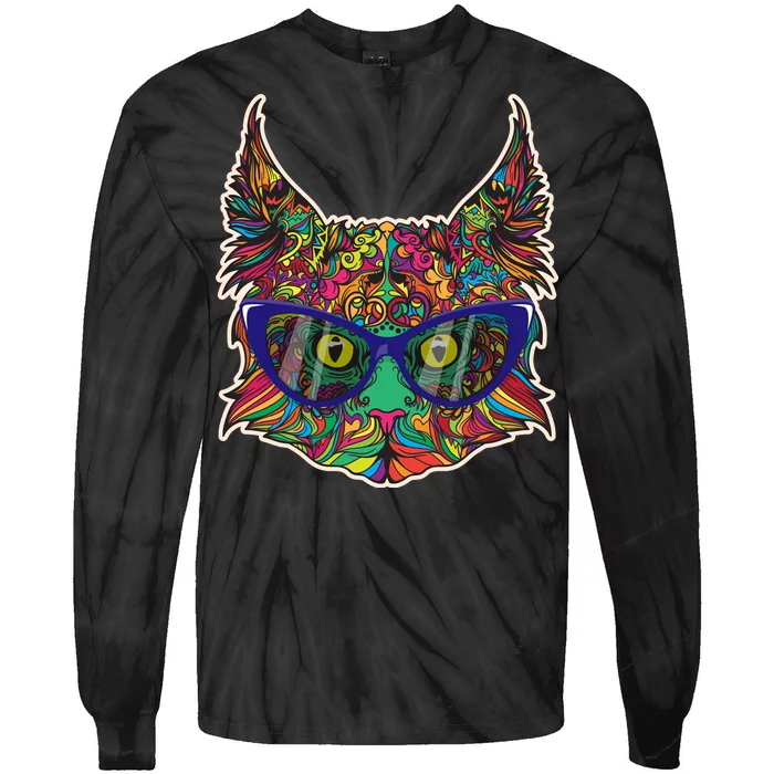 Colorfful Cat With Glasses Portrait Tie-Dye Long Sleeve Shirt