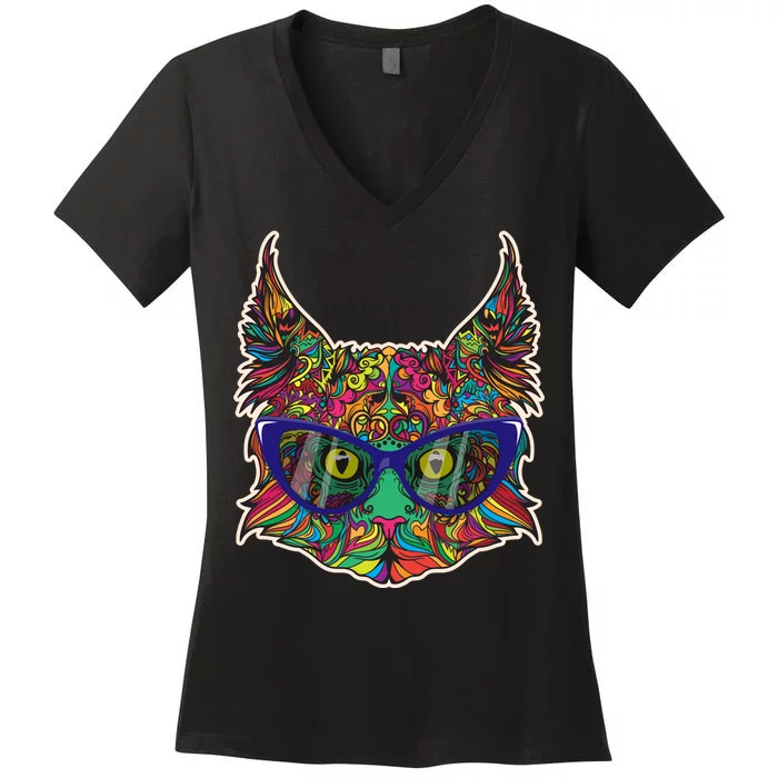 Colorfful Cat With Glasses Portrait Women's V-Neck T-Shirt