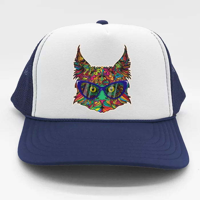 Colorfful Cat With Glasses Portrait Trucker Hat