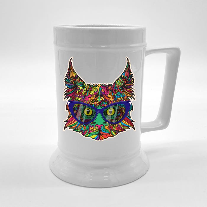 Colorfful Cat With Glasses Portrait Front & Back Beer Stein