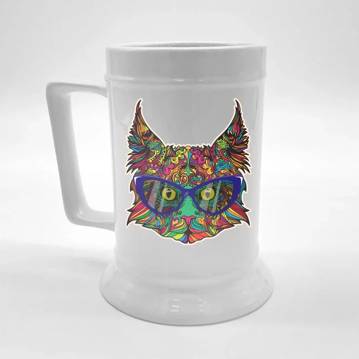 Colorfful Cat With Glasses Portrait Front & Back Beer Stein