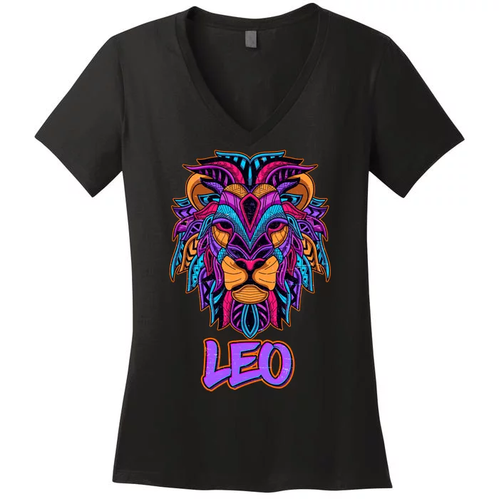 Colorful Abstract Lion Leo Zodiac Women's V-Neck T-Shirt