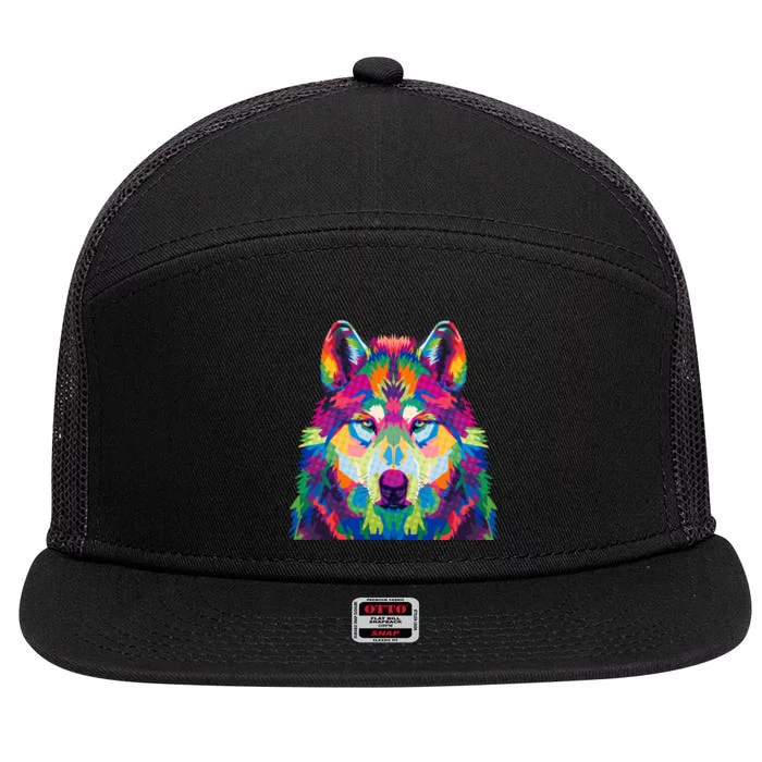 Colorful Abstract Wolf 7 Panel Mesh Trucker Snapback Hat