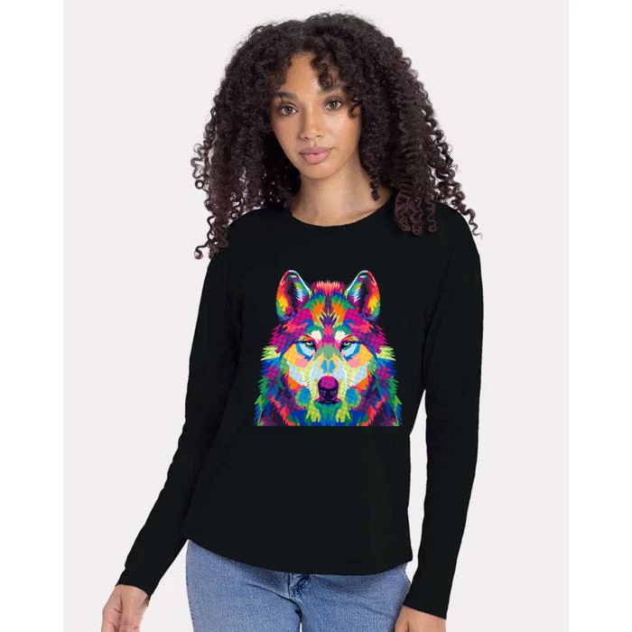 Colorful Abstract Wolf Womens Cotton Relaxed Long Sleeve T-Shirt