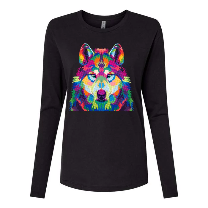 Colorful Abstract Wolf Womens Cotton Relaxed Long Sleeve T-Shirt