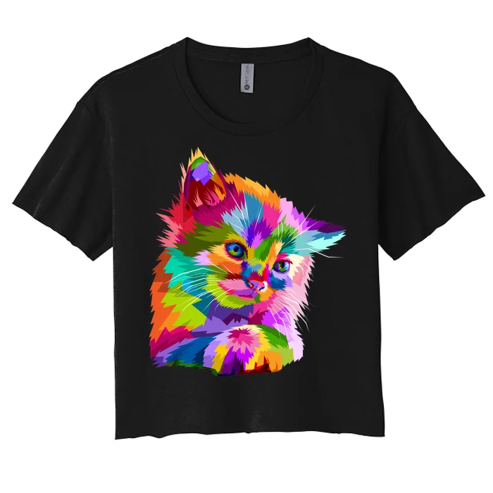 Colorful Atyle Cat Head Pop Women's Crop Top Tee