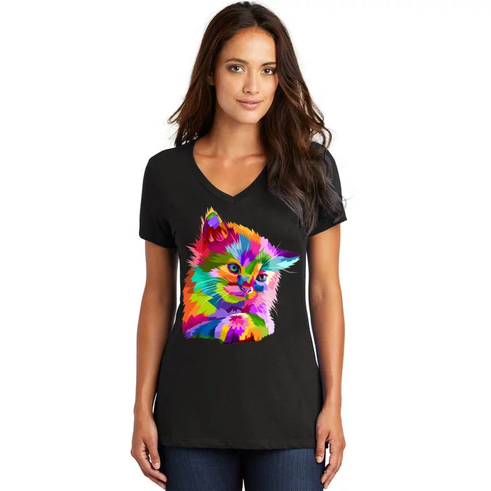 Colorful Atyle Cat Head Pop Women's V-Neck T-Shirt