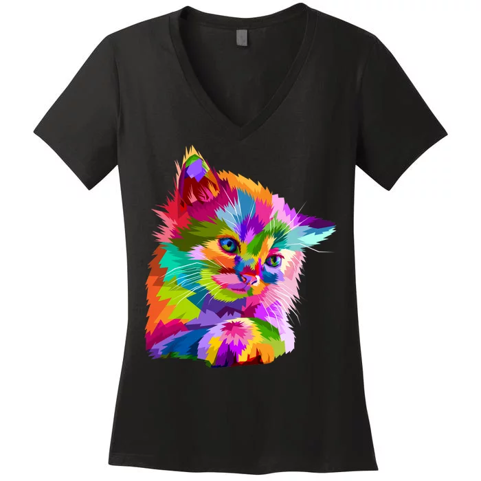 Colorful Atyle Cat Head Pop Women's V-Neck T-Shirt