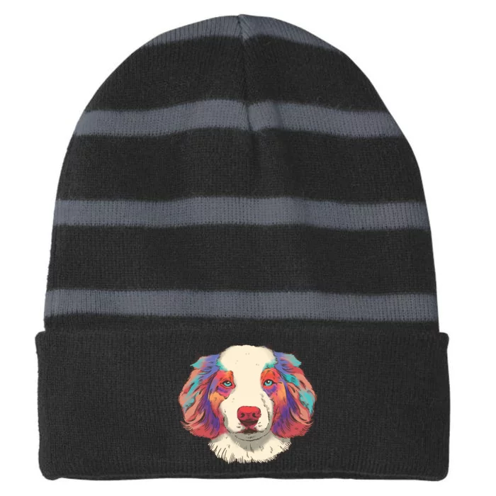 Colorful Australian Shepherd Striped Beanie with Solid Band