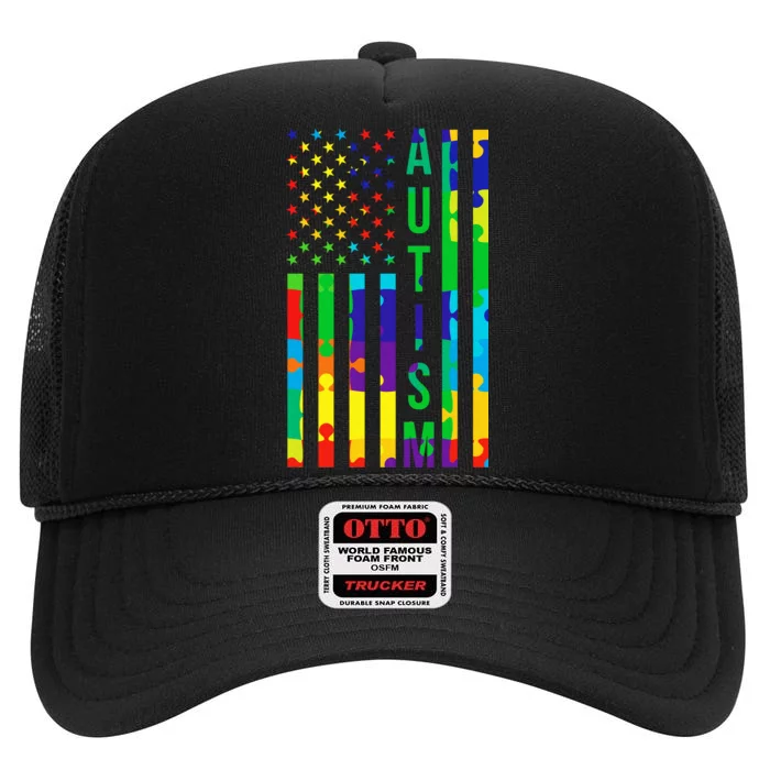 Colorful Autism Puzzle Flag High Crown Mesh Trucker Hat