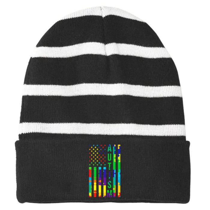 Colorful Autism Puzzle Flag Striped Beanie with Solid Band