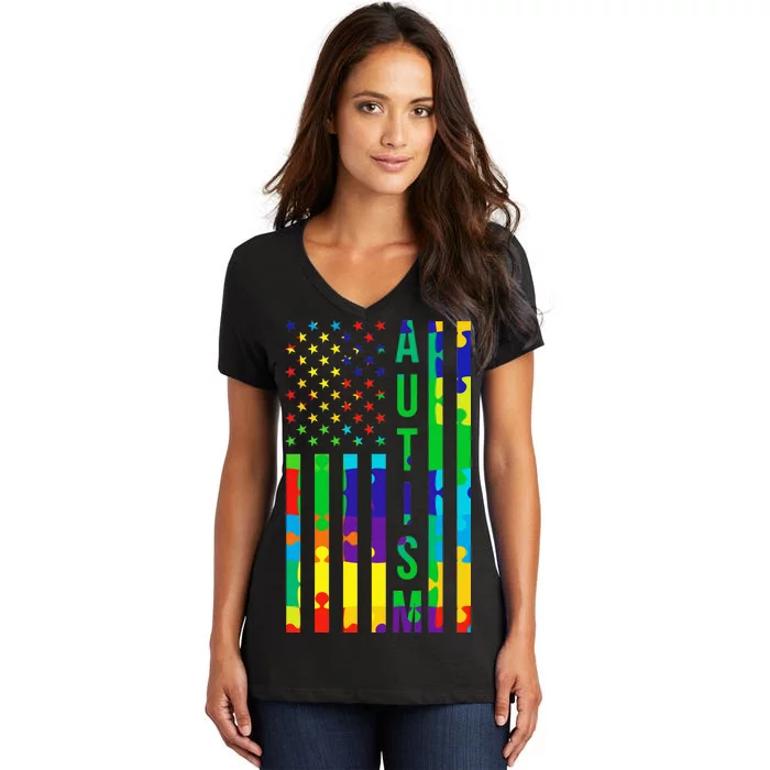 Colorful Autism Puzzle Flag Women's V-Neck T-Shirt