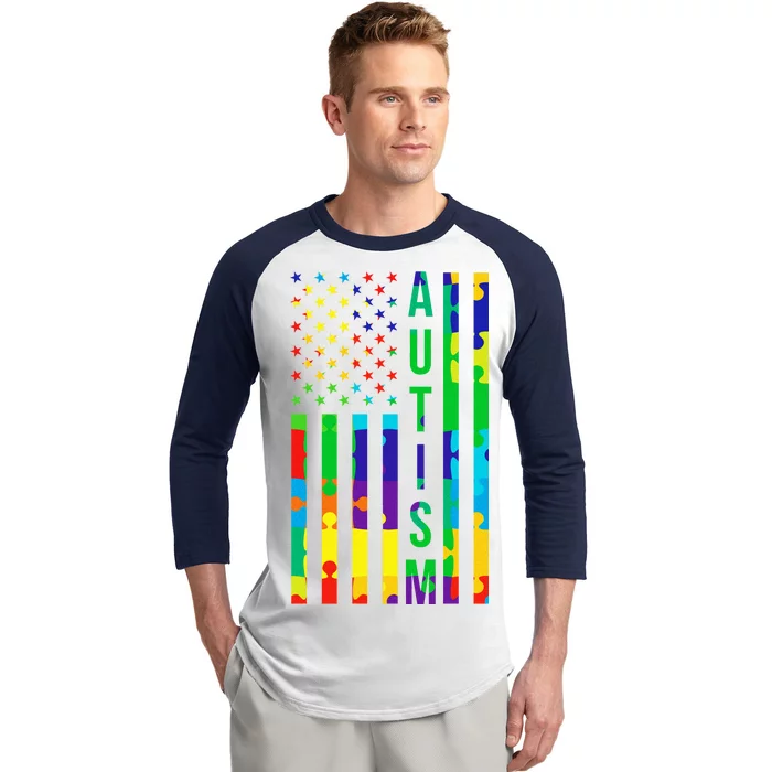 Colorful Autism Puzzle Flag Baseball Sleeve Shirt