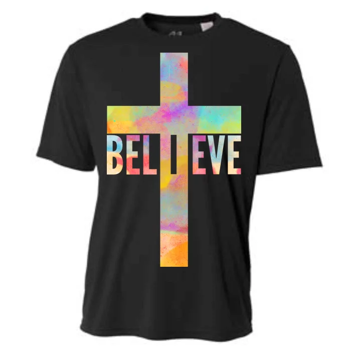 Colorful Believe Christian Cross Cooling Performance Crew T-Shirt