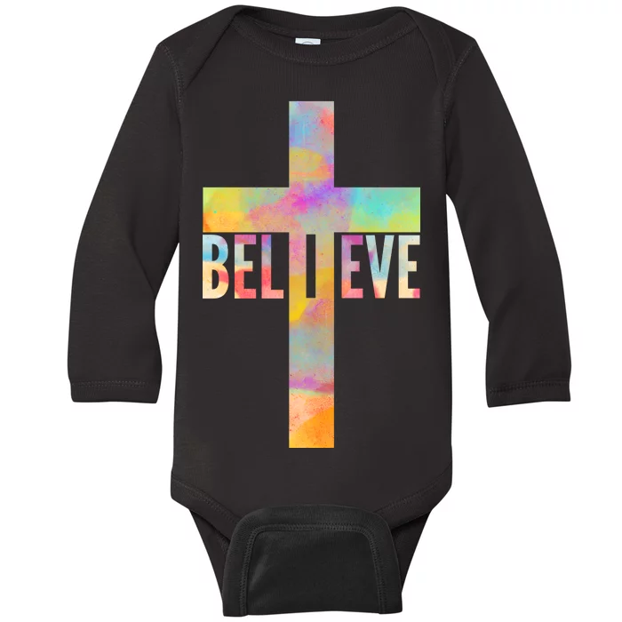 Colorful Believe Christian Cross Baby Long Sleeve Bodysuit