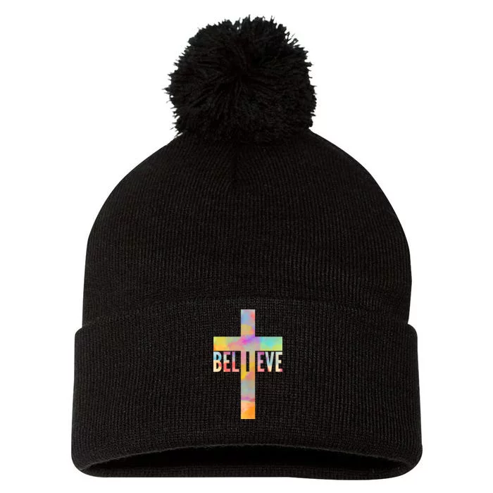 Colorful Believe Christian Cross Pom Pom 12in Knit Beanie