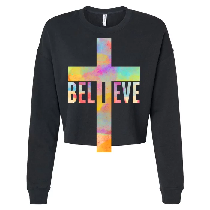 Colorful Believe Christian Cross Cropped Pullover Crew