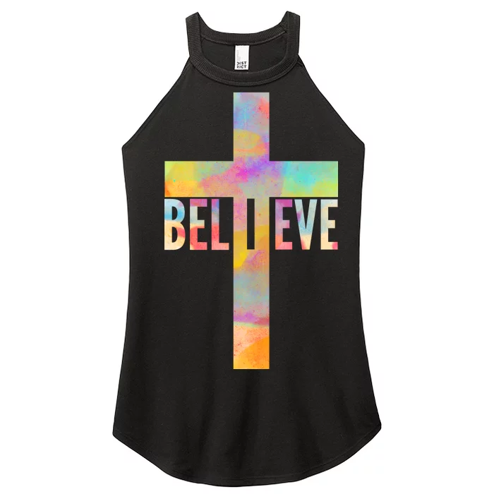 Colorful Believe Christian Cross Women’s Perfect Tri Rocker Tank