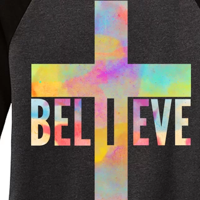 Colorful Believe Christian Cross Women's Tri-Blend 3/4-Sleeve Raglan Shirt