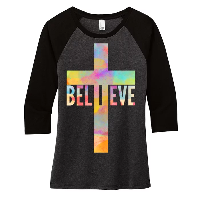 Colorful Believe Christian Cross Women's Tri-Blend 3/4-Sleeve Raglan Shirt