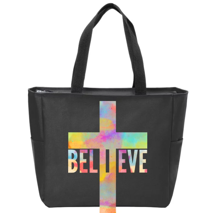 Colorful Believe Christian Cross Zip Tote Bag