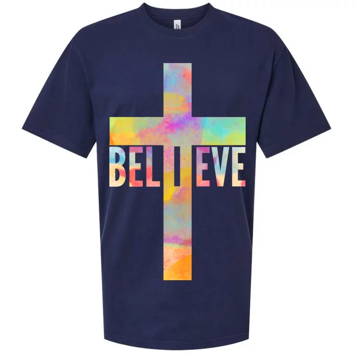 Colorful Believe Christian Cross Sueded Cloud Jersey T-Shirt