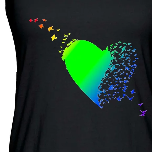 Colorful Bird Flocking Heart Rainbow Ladies Essential Flowy Tank