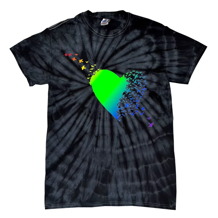 Colorful Bird Flocking Heart Rainbow Tie-Dye T-Shirt