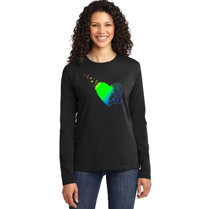 Colorful Bird Flocking Heart Rainbow Ladies Long Sleeve Shirt